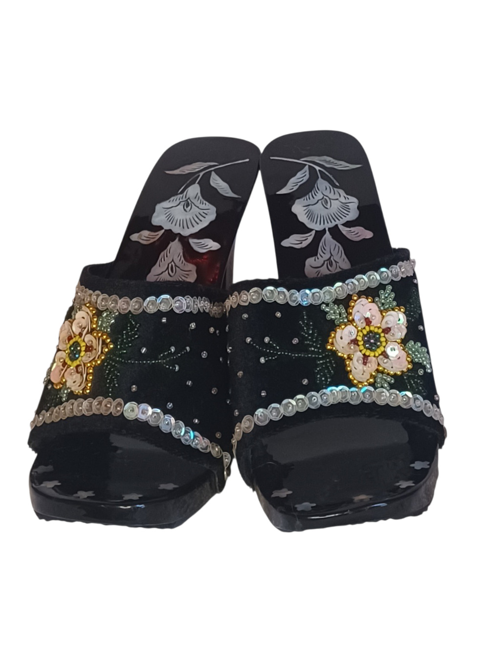 Vintage Black Floral Vintage Sequin Heels Size 41